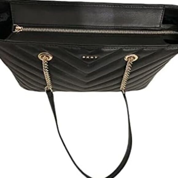 DKNY Veronica Medium Tote Bag Vegan Chevron Stitched Black Leather Shoulder Bag - Picture 5 of 5